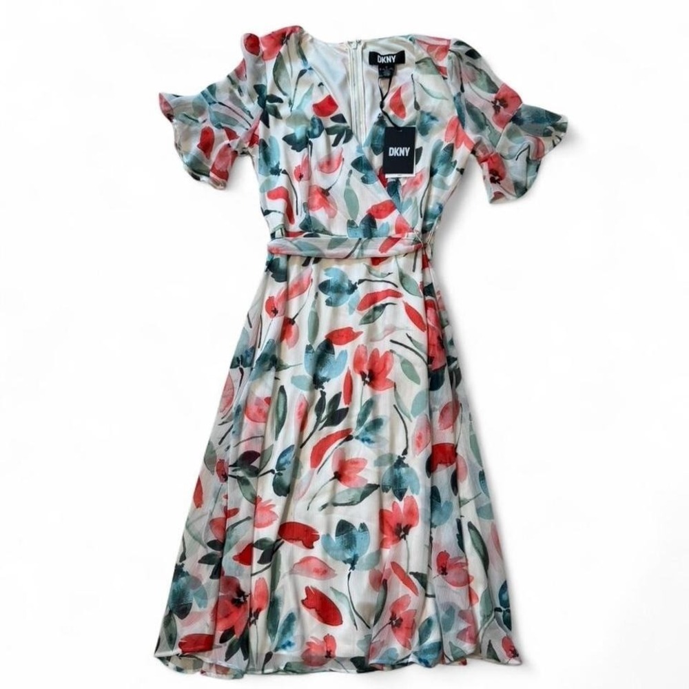 NWT DKNY multicoloured floral dress tie waist & ruffle sleeves Size 4 Petite